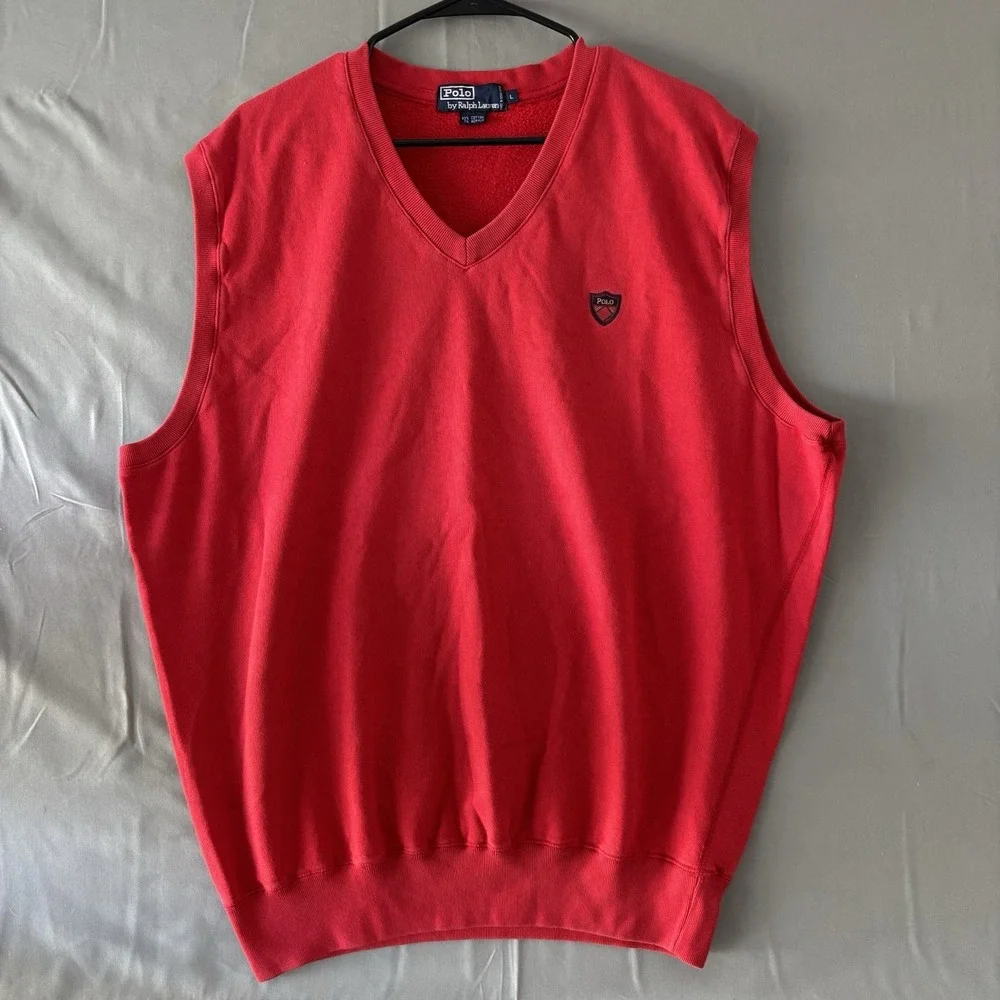 VINTAGE Polo Ralph Lauren Crest Vest Mens Large Red  Knit Cricket Tennis Golf